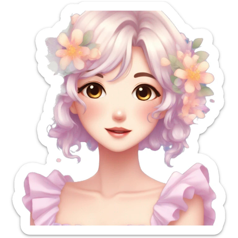 Gorgeous anime style lady blushing face dreamy idol model colorful shiny flowers kawaii pastelcore cottagecore pearly petite simplistic aesthetic trending style sticker