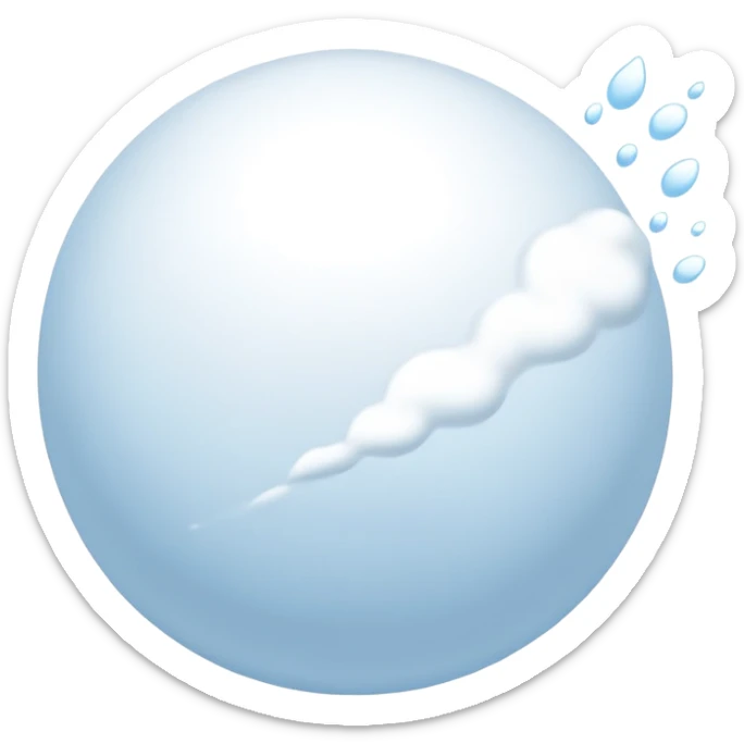 powdery snowball in mid-flight trailing gentle flowing streak of white and pale blue, soft minimal iOS emoji look with subtle shadows and highlights, no harsh lines sticker