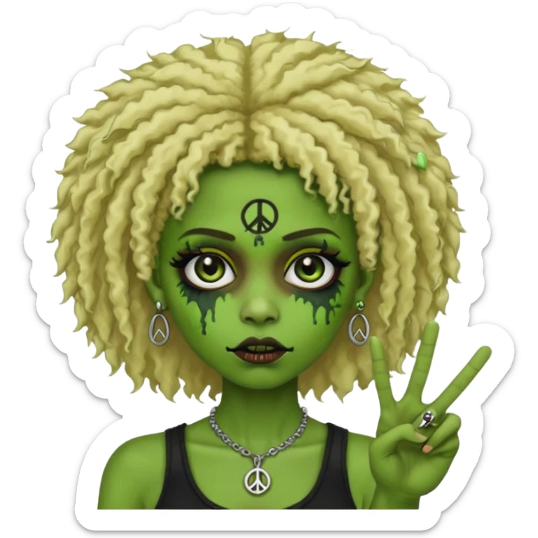 girl, green zombie,blonde afro, medium long, shaggy, dark, spooky,double eyebrow dermal piercing,peace sign sticker