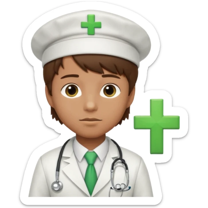a doctor in white suit with a doctor hat with green cross brown hair boy sticker