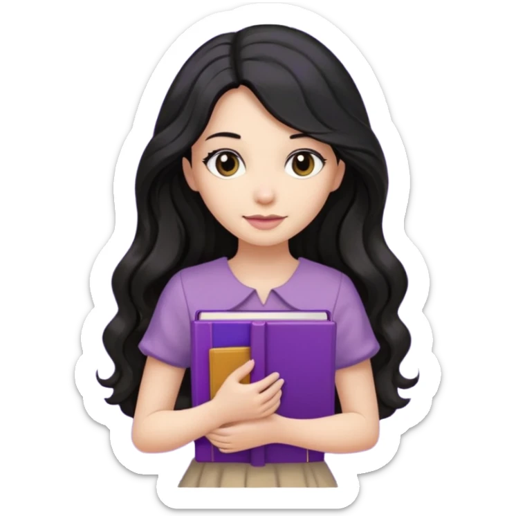Long Hair Women with purple Book, Black wavy hair, beige dress sticker