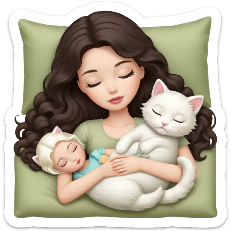 White Barbie girl dark brown long wavy hair sleeping with white kitty at pale olive bed sticker