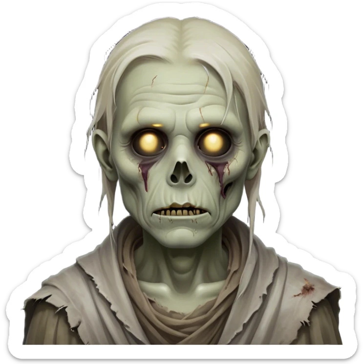 Cinematic Noble Zombie Portrait Emoji, Surprisingly dignified and somber, with a decaying yet strangely regal visage in ashen grays and muted tones, draped in tattered attire hinting at a lost grandeur, simplified yet meticulously detailed, glowing with a soft, eerie radiance and a gentle outline that evokes the tragic nobility of the undead! sticker