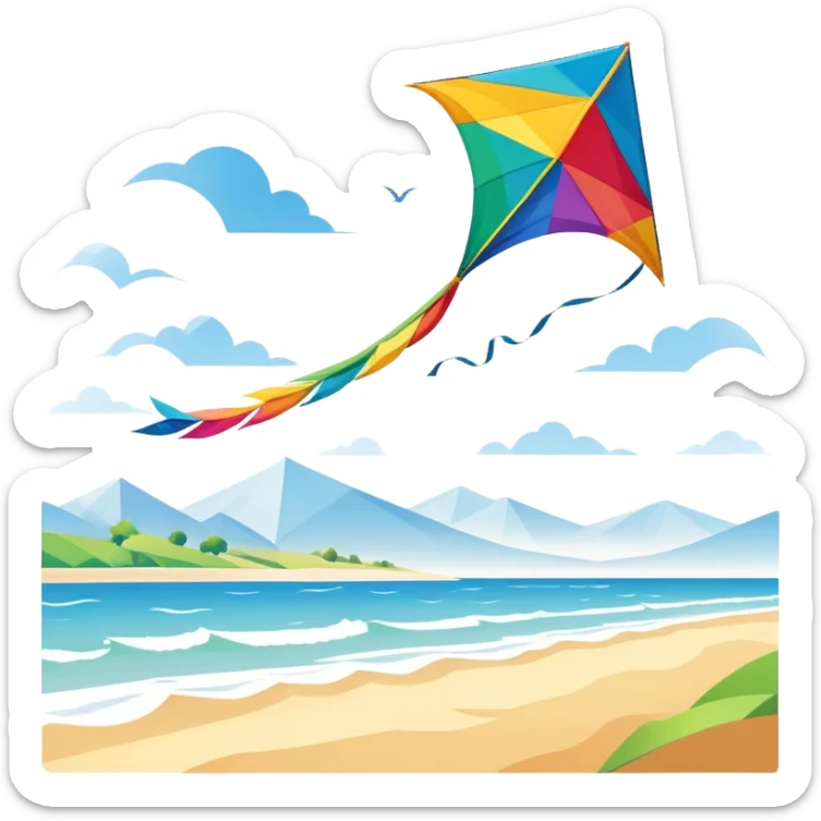 A colorful kite soaring high in the sky on a sunny day, with a long, flowing tail trailing behind. The background features an open field or beach, capturing the joy and freedom of flying kites, with gentle winds and a peaceful atmosphere. sticker