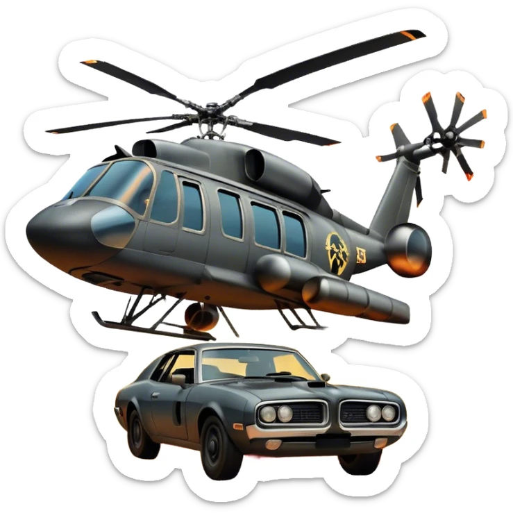 Icon for Action Movie: A vintage movie poster-style design featuring intense action scenes with explosions, weapons, and dramatic poses of Stallone. Include cars and helicopters flying out of flames in the background. Bold typography and retro cinematic style. Transparent background. sticker