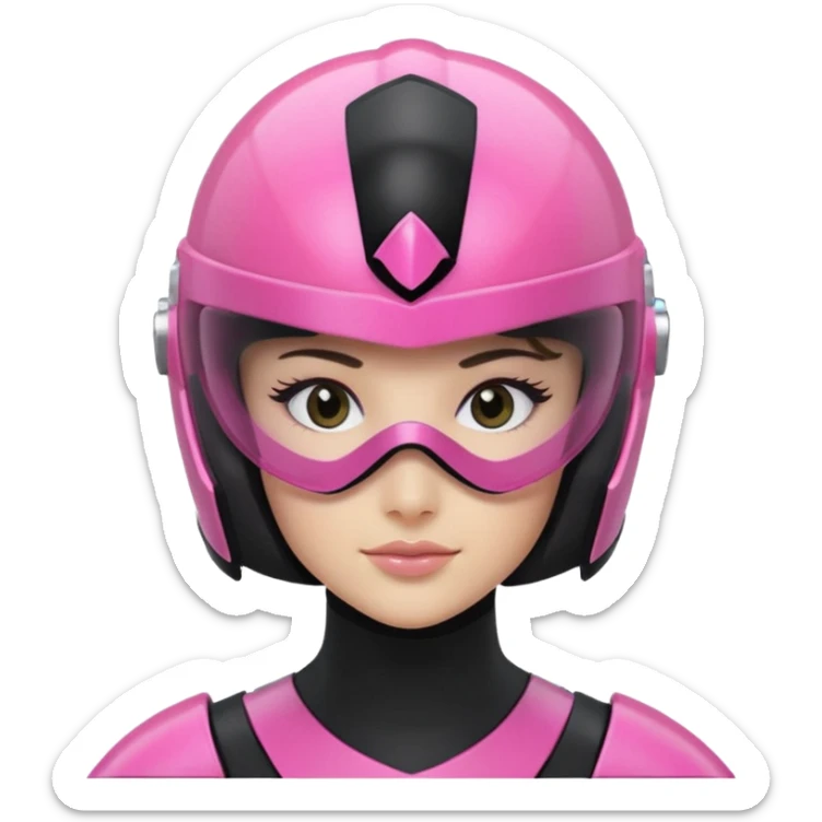 pink power ranger, woman emoji, with helmet on, black visor eye protection, black, power ranger helmet, sticker