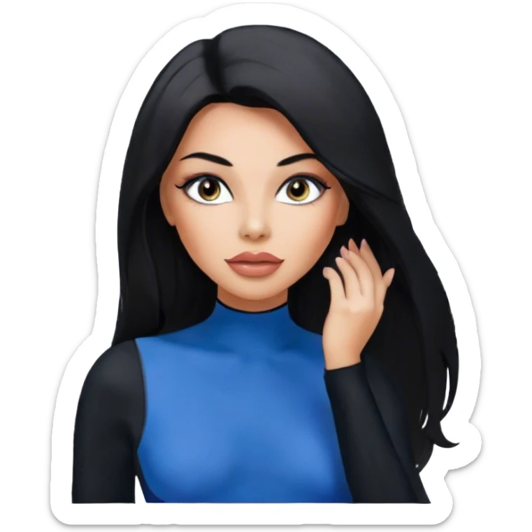 Glamours, tanned, very beautiful girl, with big pump peach-beige-rose lips, eyeliner, long long lashes, black straight smooth silky long hair, straight parting hair, blue-grey eyes, in totally black bodysuit long-sleeves sticker