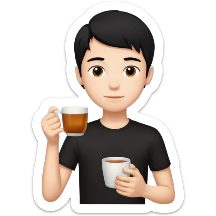 The boy teen have a black hair, and black T-shirt with a cup of tea. Sky blue background  sticker