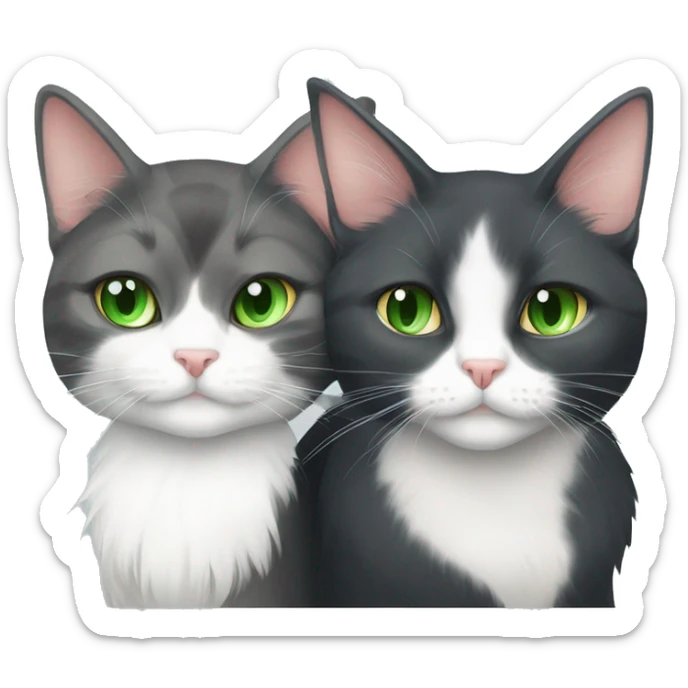 gray and white tuxedo cat with green eyes cuddling with long hair calico cat with green eyes sticker