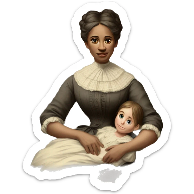 A 19th century woman with a child in her arms. There is a big letter "A" on the dress sticker