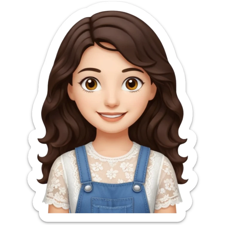 create an emoji of Sophie Sheridan in mamma Mia but with dark brown very long hair with waves and dark brown eyes. she wears a white lacy top and an overall sticker