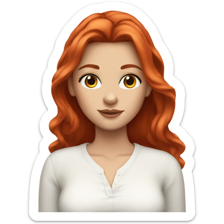 white girl, red hair, long hair, wavy straight hair, white shirt, long lashes sticker