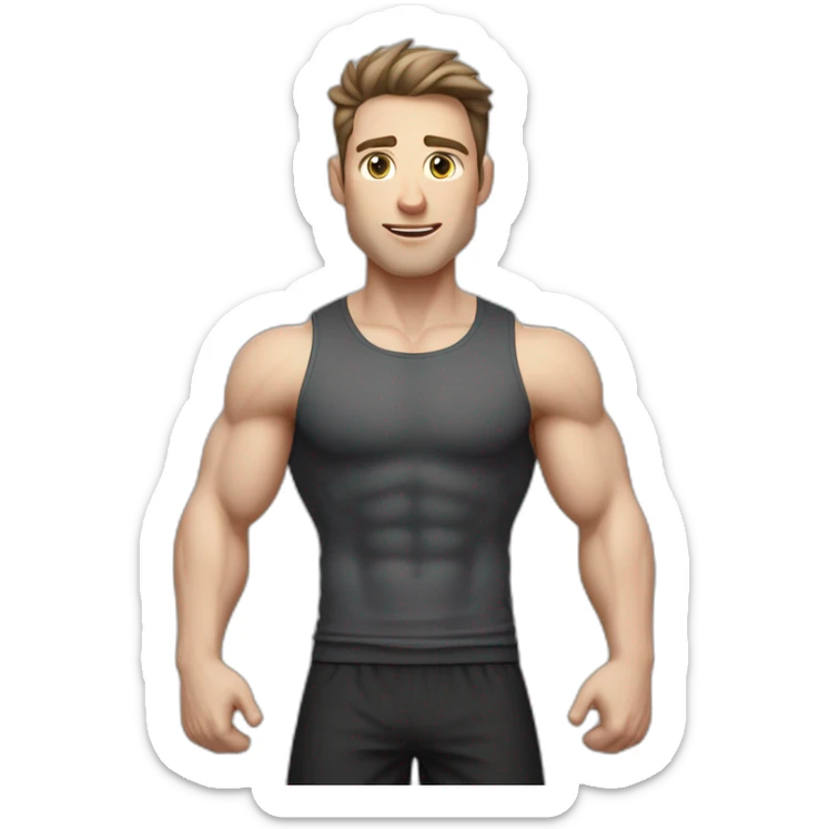 amazed Pale skinned Fit Man With the biceps and dark brown hair in black shirt, gray sports shorts and white Sneakers sticker