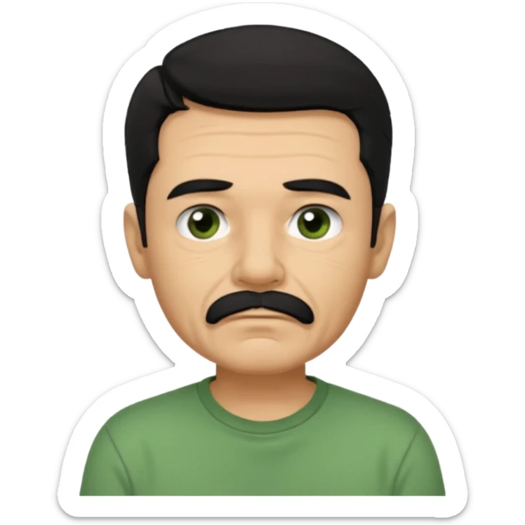 male_focus, 1boy, solo, realistic, looking_at_viewer, signature, green_shirt, shirt, upper_body, facial_hair, black_eyes, old, indoors, black_hair, closed_mouth, wrinkled_skin sticker