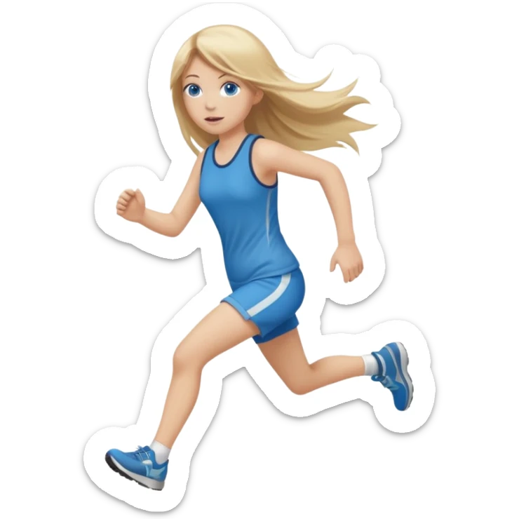 full length of a young woman with long straight dirty blonde hair, side bangs, and blue eyes. She is running after a 1 year old baby girl sticker