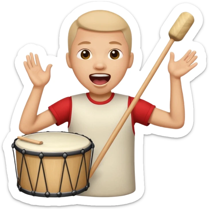 person with a drum, mouth open as if shouting 'tung tung tung sahur', joyful and energetic sticker