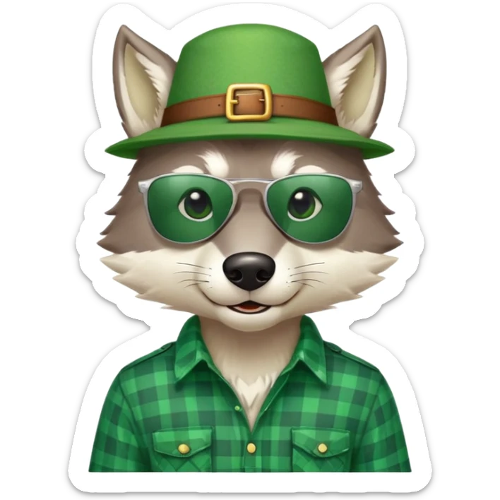 head and shoulders friendly anthropomorphised wolf in green plaid shirt and green attire for St. Patrick's Day, wearing dark sunglasses, festive pose sticker