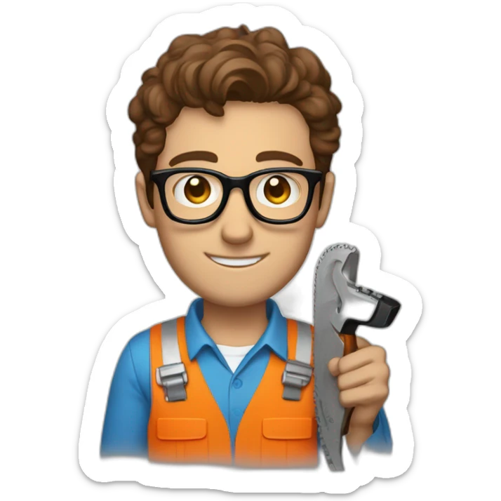 a guy with brown hair, square glasses, an orange repairman's suit, blue eyes, with a chainsaw sticker