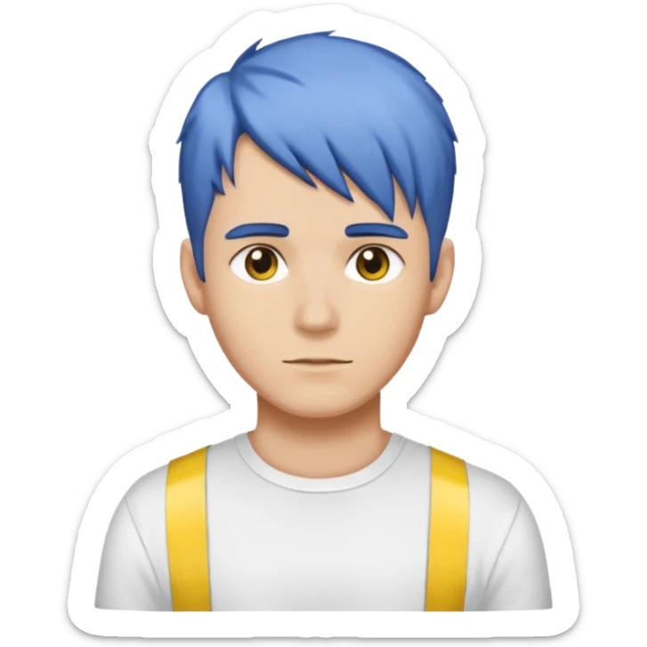 Make me an emoji that has a guy with a white shirt and yellow tape around the shirt with brown and blue hair  sticker