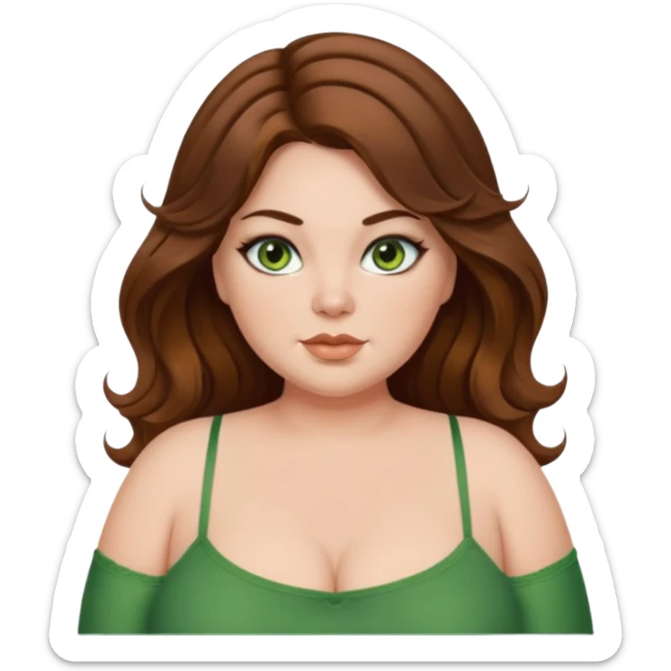 Baddie bratz girl with middle parted long wavy brown hair. green eyes. Plus size. Green spaghetti strap top. Black eyeliner sticker
