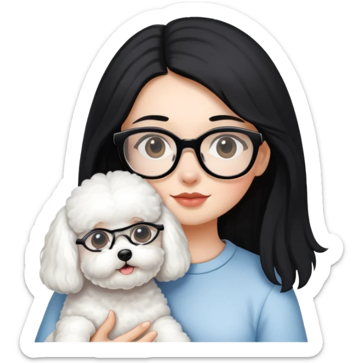 Girl with long black hair and glasses holding a white Bichon Frise dog sticker
