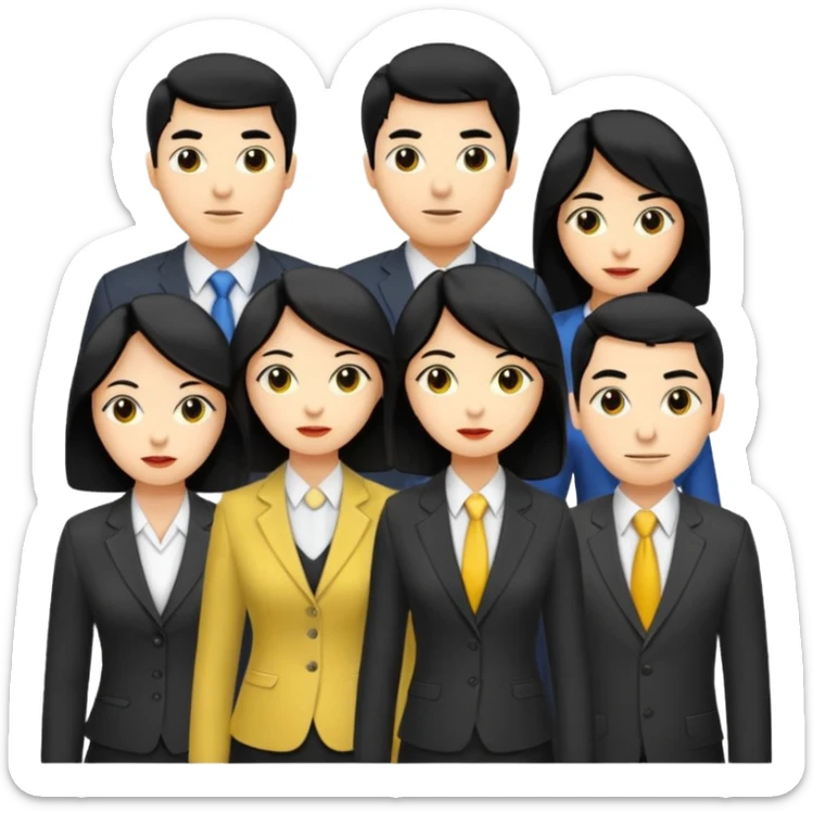 4 people, two man and two women,yellow skin office style,black hair, Half-body photo sticker