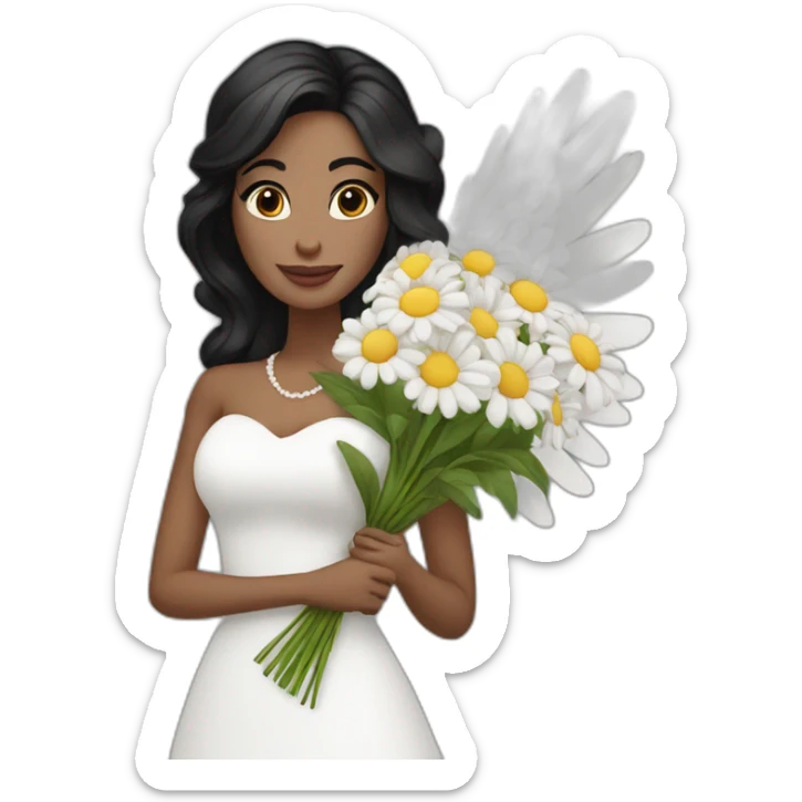 White bride with black hair and long dress holding bouquet of flowers with big wings sticker