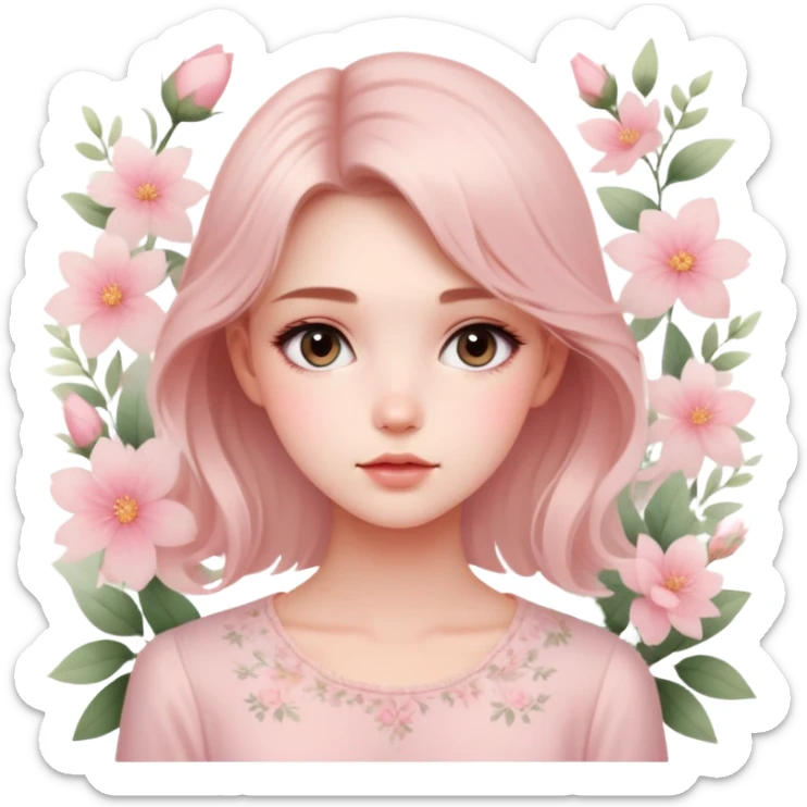 A portrait of a beautiful girl , wearing a light pink blouse and soft makeup. She has an ethereal, dreamy expression, with a blurred floral backdrop sticker