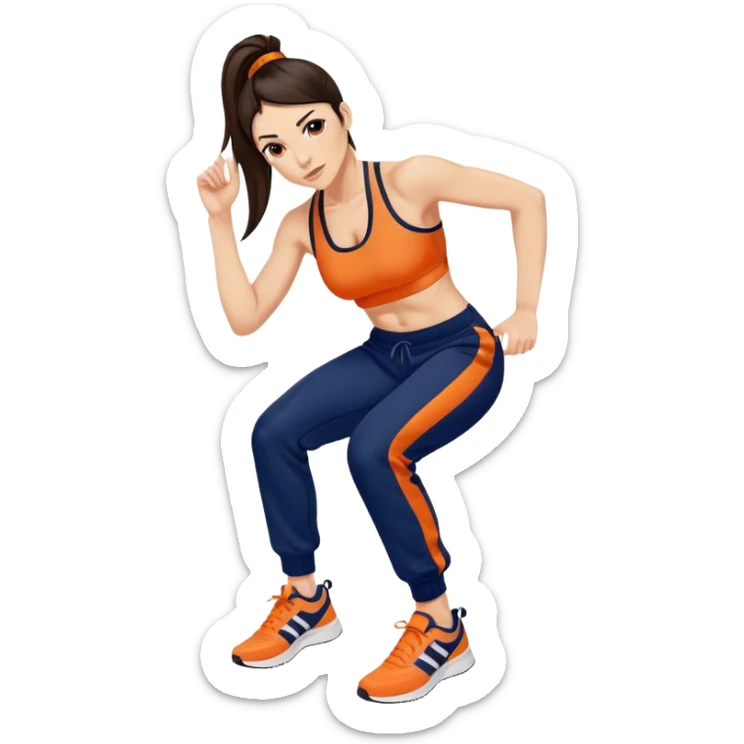 Melanie chisholm with a dark brown high ponytail, wearing an orange sports bra and navy blue track pants with sneakers sticker