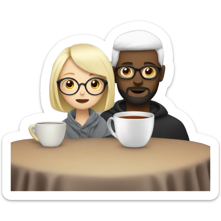 Pale blonde girl wearing glasses and bearded black short hair man drinking tea under blanket sticker
