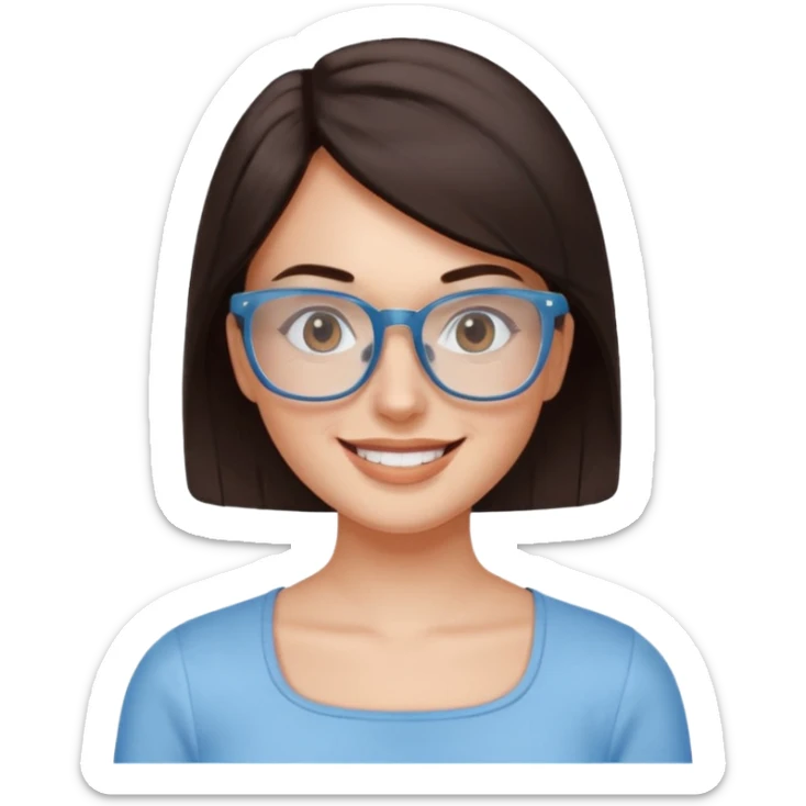 mujer de 30 años, cabello marron oscuro, anteojos cuadrados transparente, top celeste escote cuadrado, piel blanca, cara redonda sticker