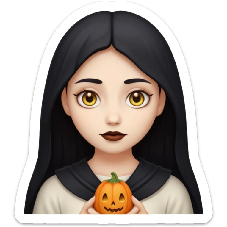 Stylized cult cartoon girl emoji, eerie-cute aesthetic, symmetrical design, subtle spooky vibe, glowing eyes, saying “AMILK”, bold graphic icon sticker