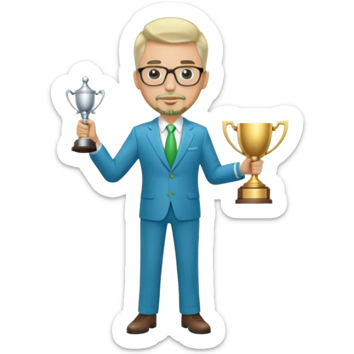 Full Body large white male  wearing glasses with a goatee with light blonde gray very short hair basketball head Coach in blue and green suit holding trophy sticker