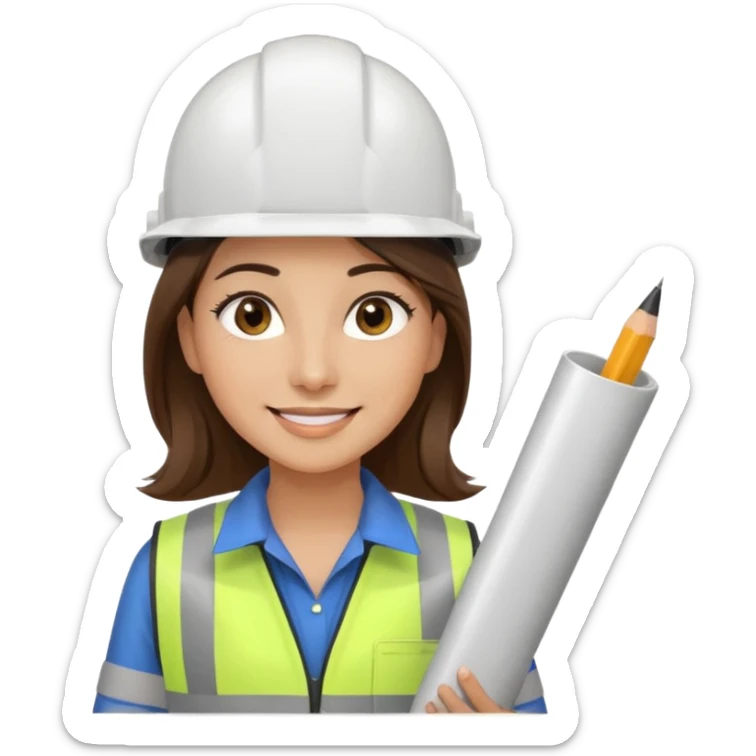 Arquitecta ojos marrones oscuros pestañas piel oliva pelo marron por los hombros sonrie casco blanco chaleco reflectante y material de dibujo técnico sticker