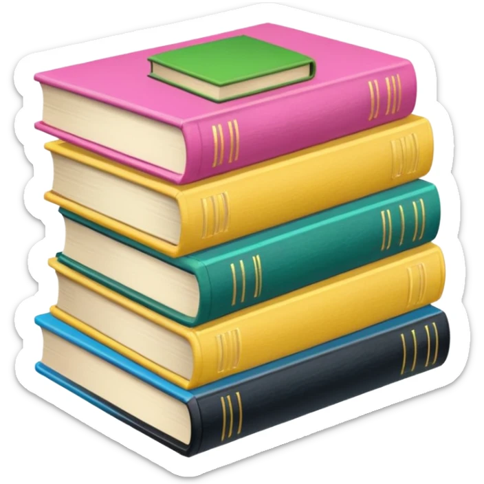 a satck of books: two pink, one green, one yellow, two blues, one black sticker