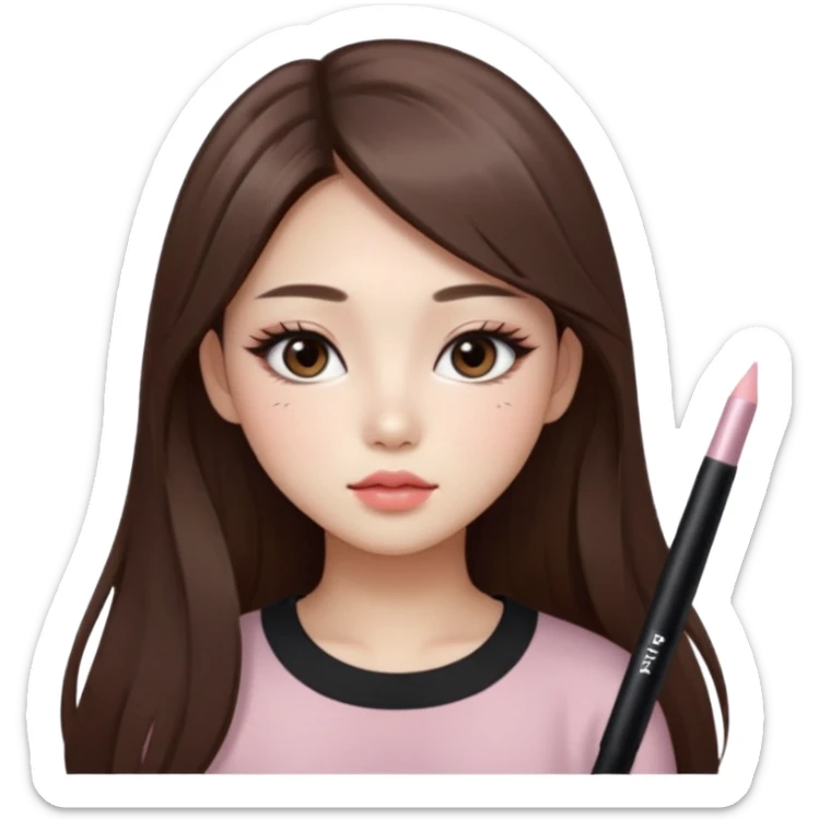 “korean straight long brown hair Emoji girl, soft eyeliner and blush, gradient lips, light brown shimmer eyeshadow sticker