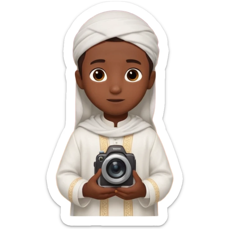 Personnage 3D mignon en style Pixar, un petit garçon portant un qamis blanc et un kufi, tenant un tapis de prière, entouré de lanternes brillantes, fond doux, couleurs chaudes, garçon teint noir TENANT UN APPAREIL PHOTO sticker