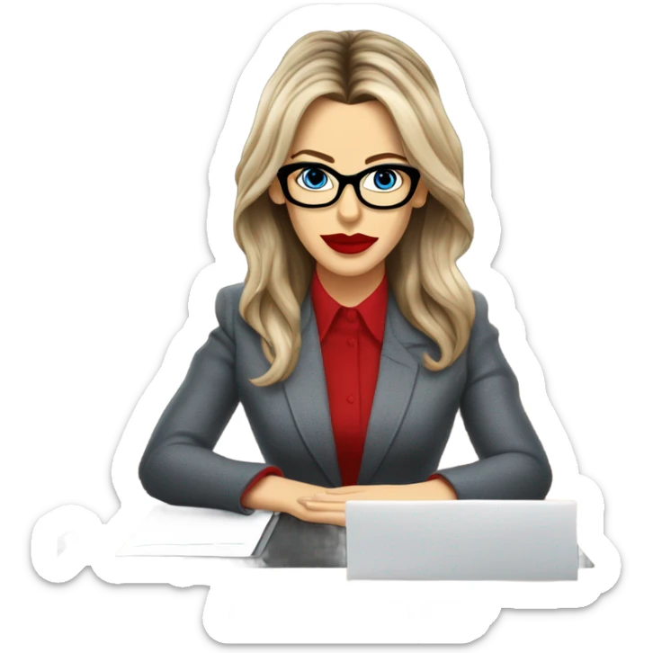 Realistic Kate Beckinsale blue eyes wearing glasses in a business meeting red lipstick  sticker