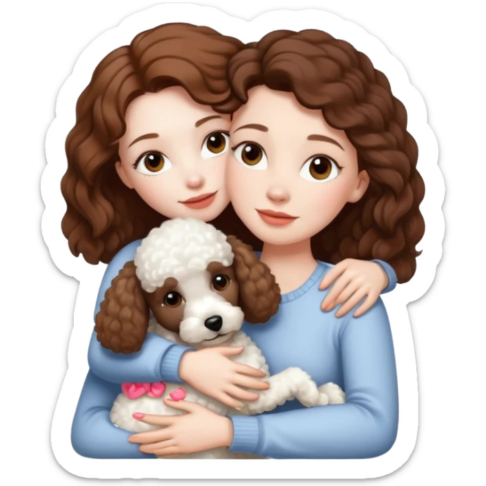 Beautiful woman with pale skin and brown hair hugging a white poodle dog sticker