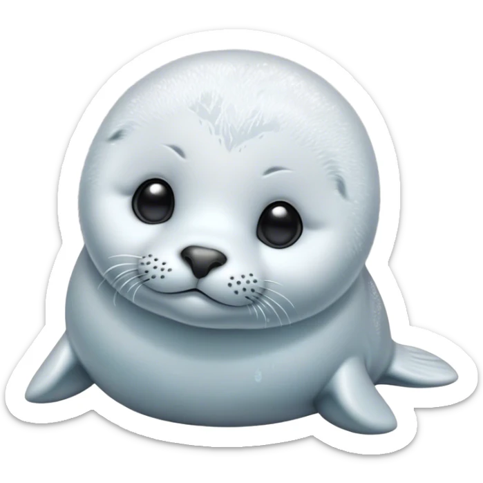 Cinematic Noble Baby Seal Portrait Emoji, Poised and endearing, with a round, plump body of soft, glistening fur, large, soulful eyes and a delicate, slightly rounded head accented by chubby cheeks, Simplified yet sharp and sophisticated features, highly detailed, glowing with a gentle, polar mist glow, high shine, intelligent and watchful, stylized with an air of arctic charm, focused and gentle, soft glowing outline, capturing the essence of a watchful and confident baby seal that appears ready to pop out of the screen with playful grace! sticker