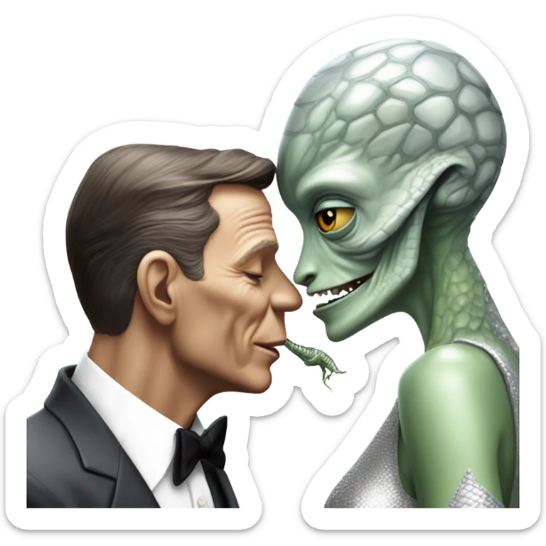 Frank Sinatra  hugs and kissing Alien reptilian woman in silver dress  sticker