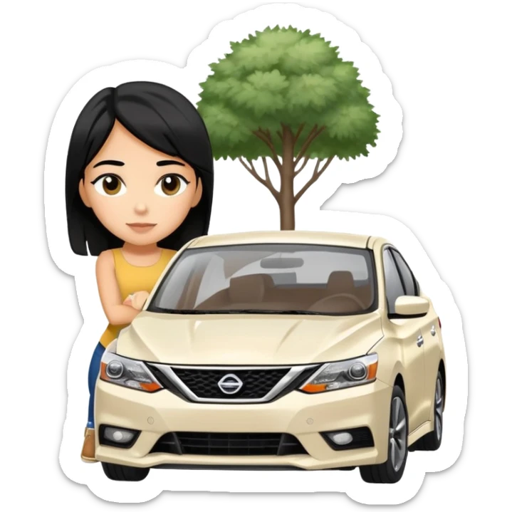 pretty tan girl with black hair in front of a white nissan sentra SR 2016 sticker