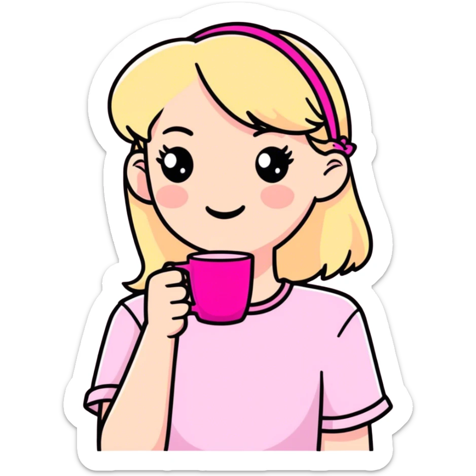 Crea un sticker de una persona rubia con accesorios rosas y un vaso rosa en la mano  sticker