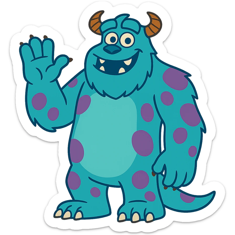 James P. Sullivan Sulley from Monsters Inc, large blue furry monster with purple spots, friendly smile, full body, cartoon style sticker