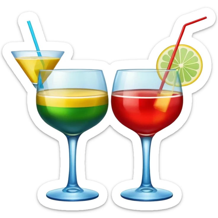 Create an emoji of two cocktails, one glass of green and yellow color and one glass of blue and red, without any fruit, put the action of cheers or party that two glass click together sticker