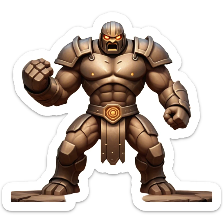 Cinematic Fierce Mighty Iron Golem Portrait Emoji Depicted mid-action in a dynamic, battle-ready stance, massive fists clenched, the ancient metallic plates along its form shifting with raw power. Its eyes blaze like molten fire within a carved, rune-etched face, exuding both divine purpose and mechanical precision. Weathered steel and dark bronze tones are accented by glowing, arcane inscriptions, each detail meticulously crafted with lifelike metallic reflections. High shine, imposing yet regal, styled with an air of indestructible might, soft glowing outline, capturing the essence of an unstoppable colossus that looks ready to charge forth with a thunderous step! sticker