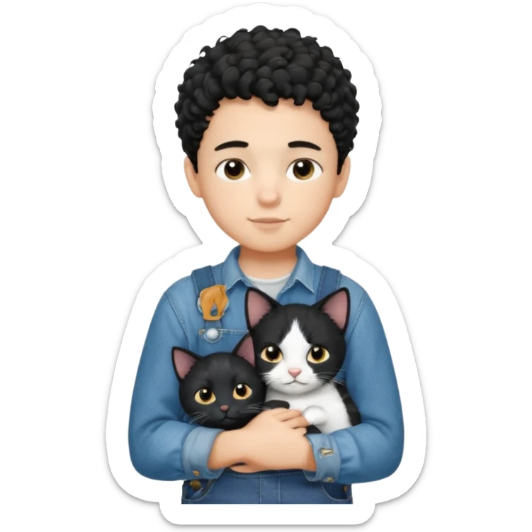 Apple emoji of a 13 year old boy with short black curly hair and dark brown eyes of light skin with denim shirt and overalls hugging a black and white cat sticker