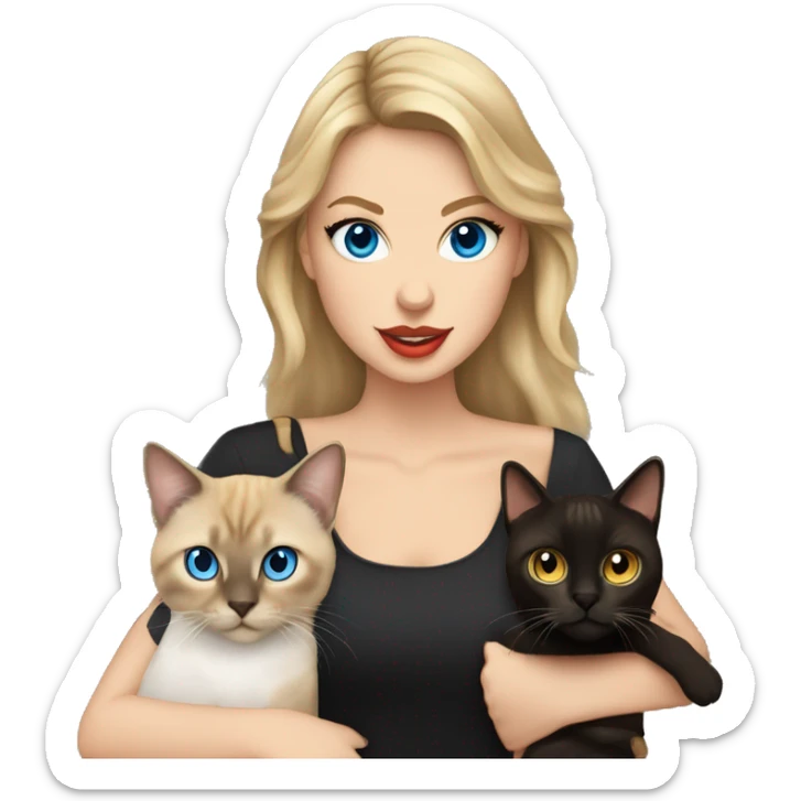 taylor swift with blue eyes holding 3 cats: 1 furry black with yellow eyes, 1 chocolate-point siamese, and 1 tabby-point siamese sticker