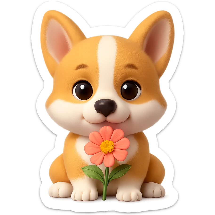 Crop the image to leave only the corgi baby with the flower, removing the mom and dad. The original style is 3D emoji style, please keep the look consistent with 3D emoji style and maintain a transparent background. sticker