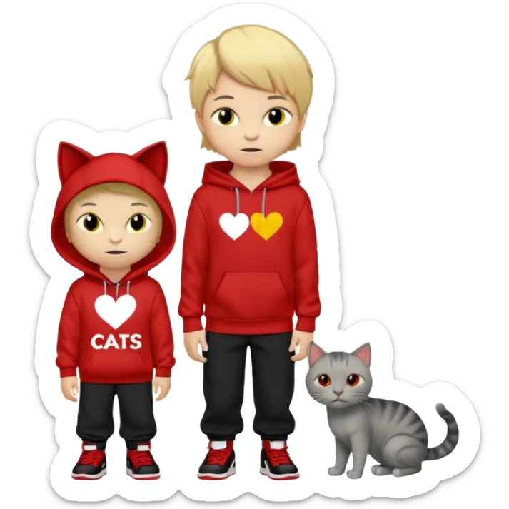 A 8 year old boy wearing a red and black hoodie say I heart cats he’s blond he has red Jordan’s and Hess wearing black pants he’s next to a gray cat with yellow eyes  sticker